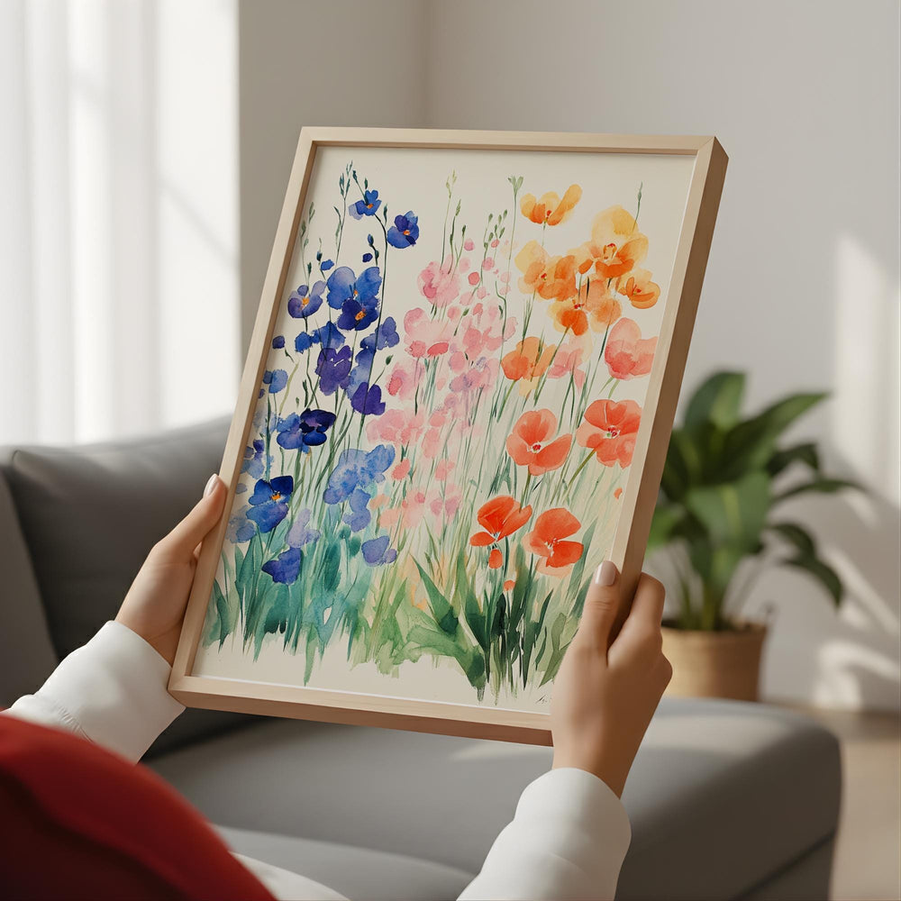 Soft Watercolor Wildflower Wall Art, Blue Peach Floral Meadow Illustration, Light Botanical Print, Airy Cottage Garden Home Decor