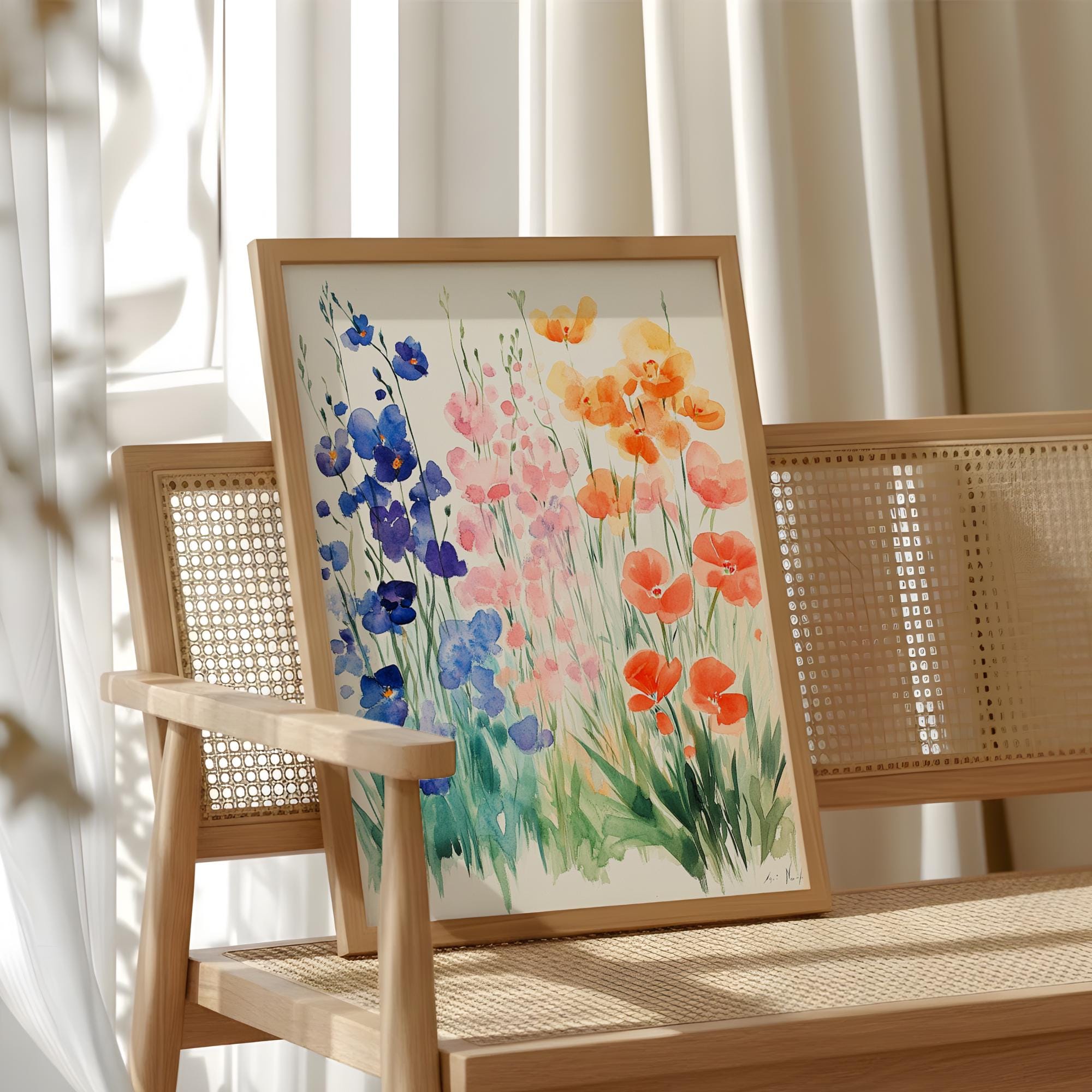 Soft Watercolor Wildflower Wall Art, Blue Peach Floral Meadow Illustration, Light Botanical Print, Airy Cottage Garden Home Decor