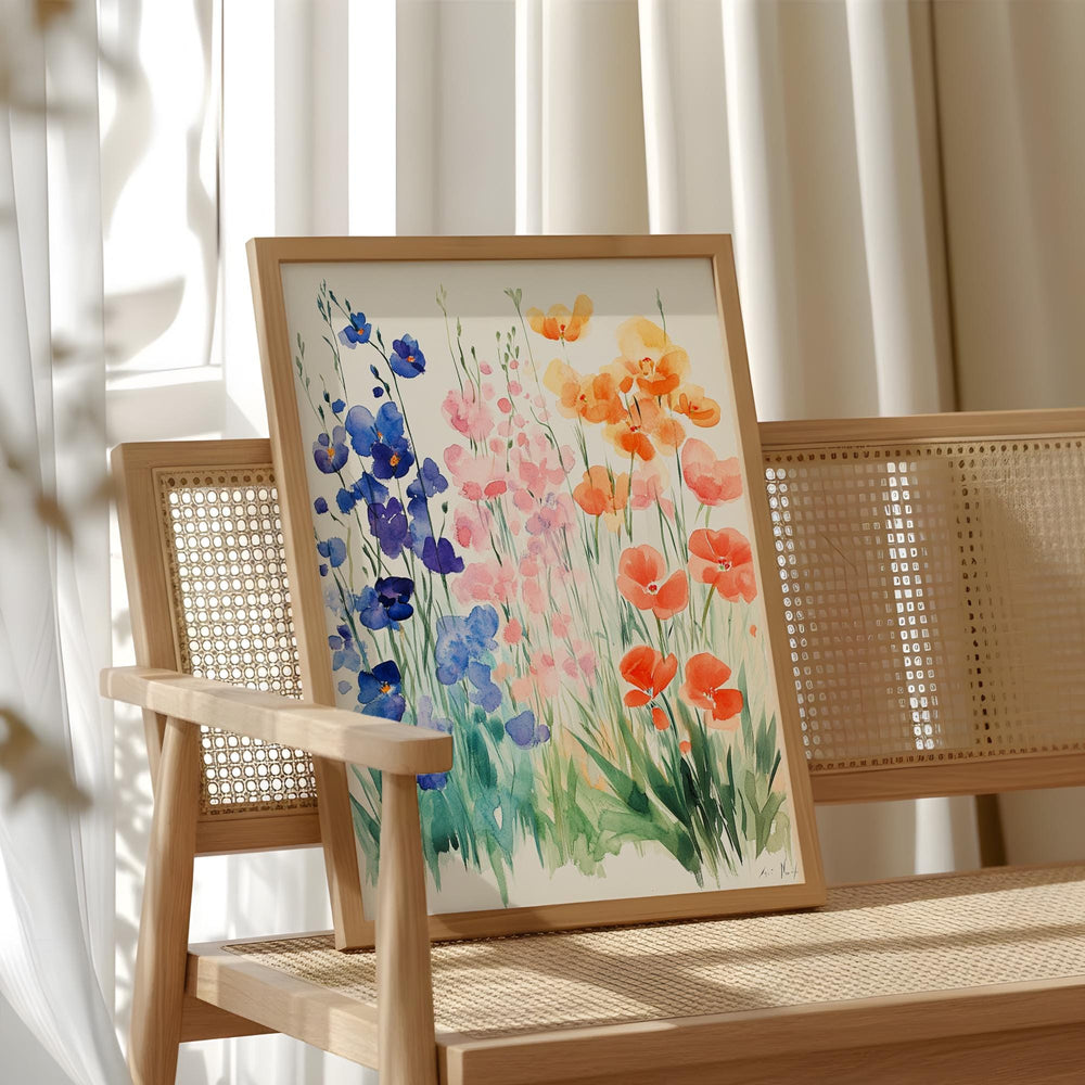 Soft Watercolor Wildflower Wall Art, Blue Peach Floral Meadow Illustration, Light Botanical Print, Airy Cottage Garden Home Decor