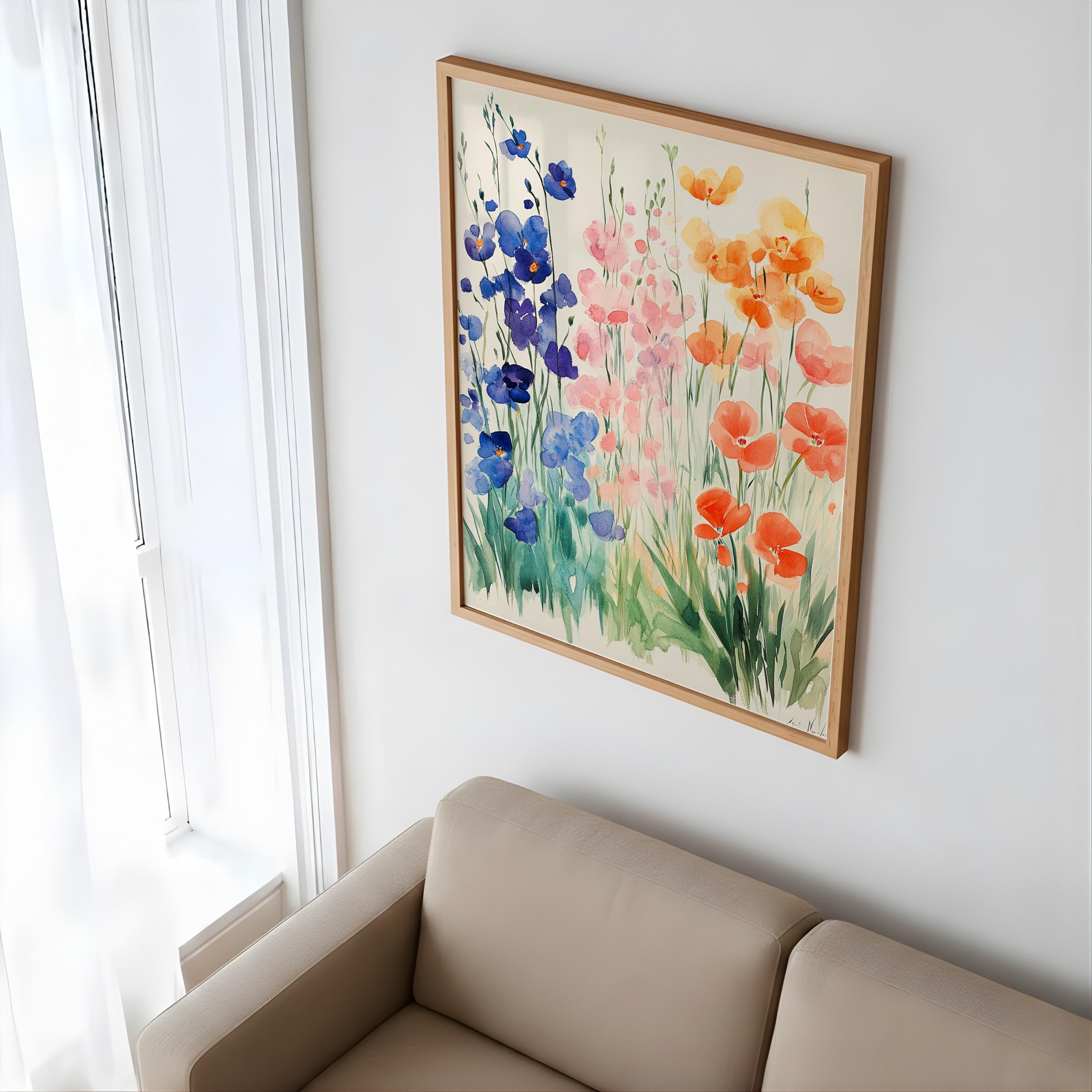 Soft Watercolor Wildflower Wall Art, Blue Peach Floral Meadow Illustration, Light Botanical Print, Airy Cottage Garden Home Decor