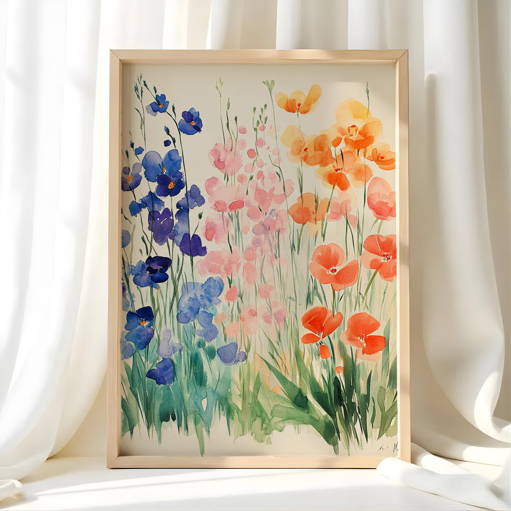 Soft Watercolor Wildflower Wall Art, Blue Peach Floral Meadow Illustration, Light Botanical Print, Airy Cottage Garden Home Decor