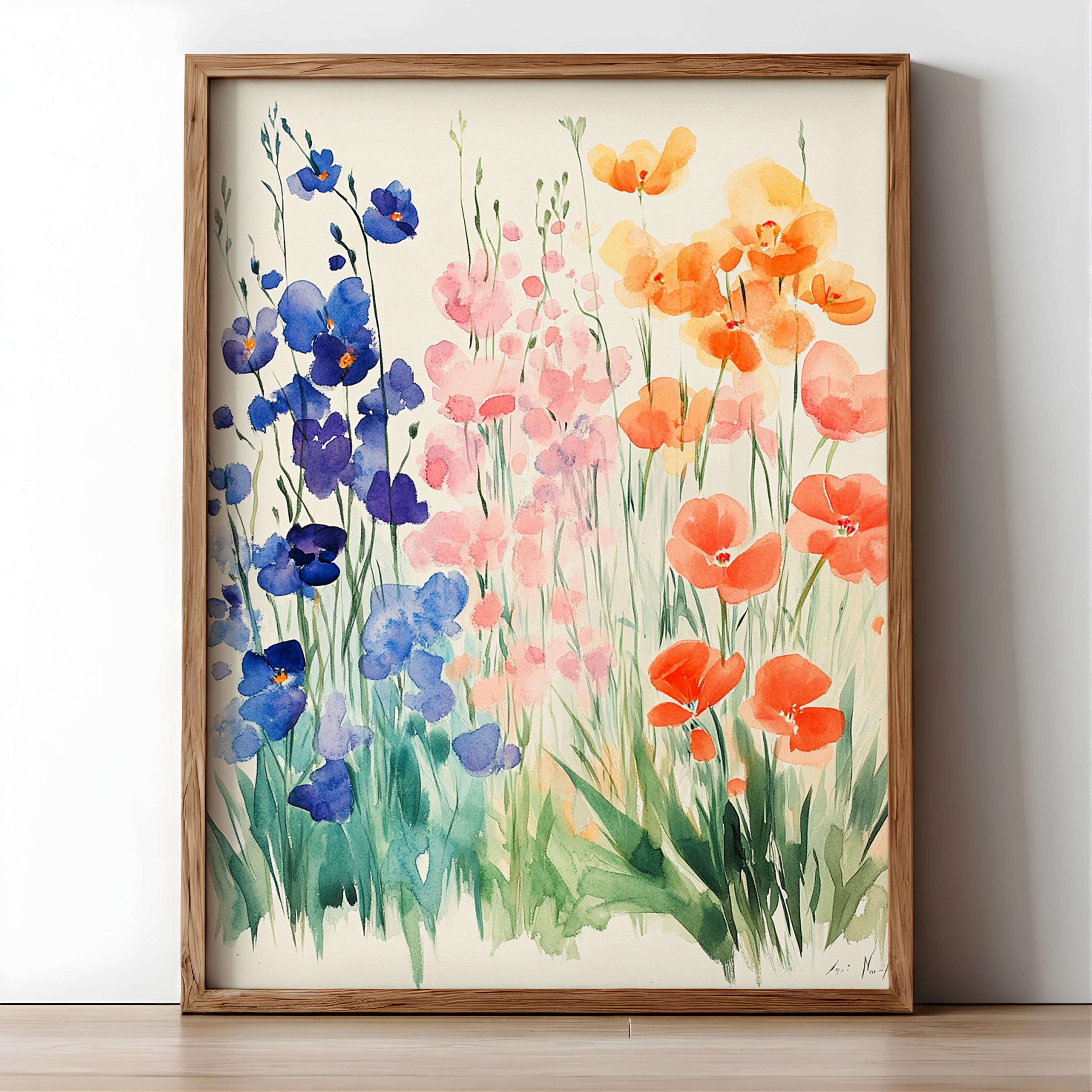 Soft Watercolor Wildflower Wall Art, Blue Peach Floral Meadow Illustration, Light Botanical Print, Airy Cottage Garden Home Decor