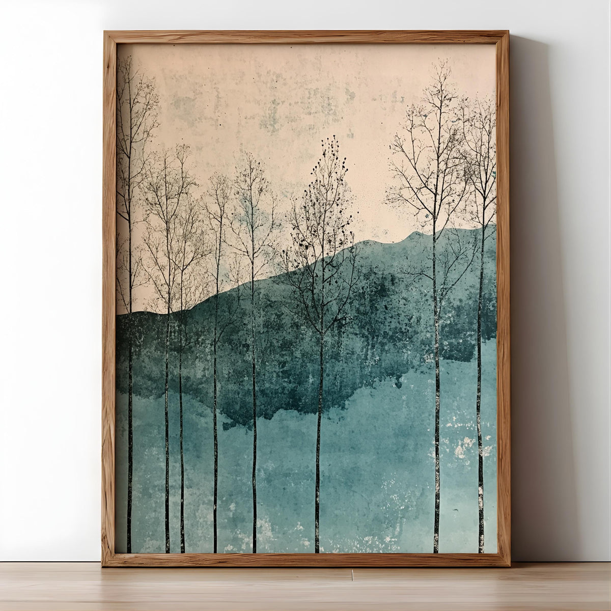 Minimal Forest Landscape Wall Art, Abstract Trees and Hills Illustration, Soft Teal Neutral Nature Artwork, Modern Calm Home Decor