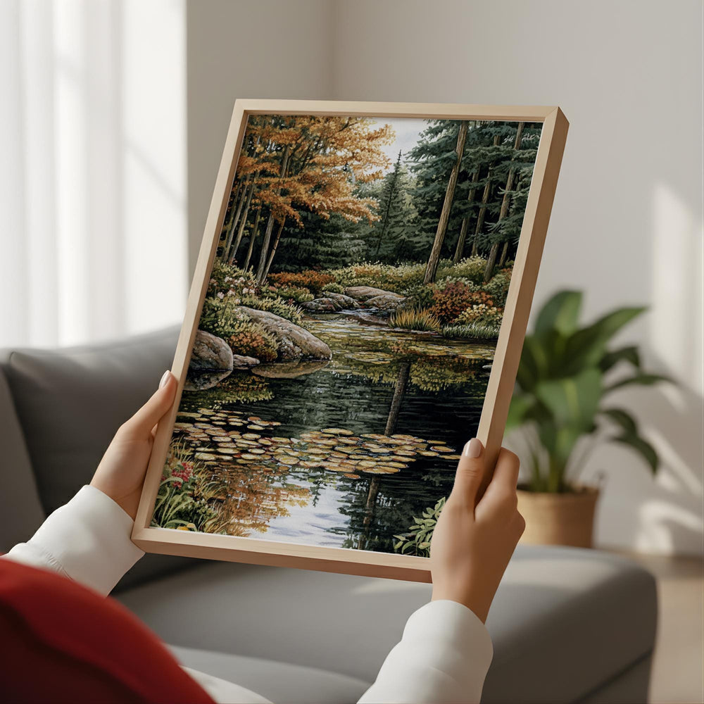 Forest Stream Wall Art, Tranquil Woodland Creek Landscape Print, Nature-Inspired River Scene Canvas, Peaceful Green Forest Decor
