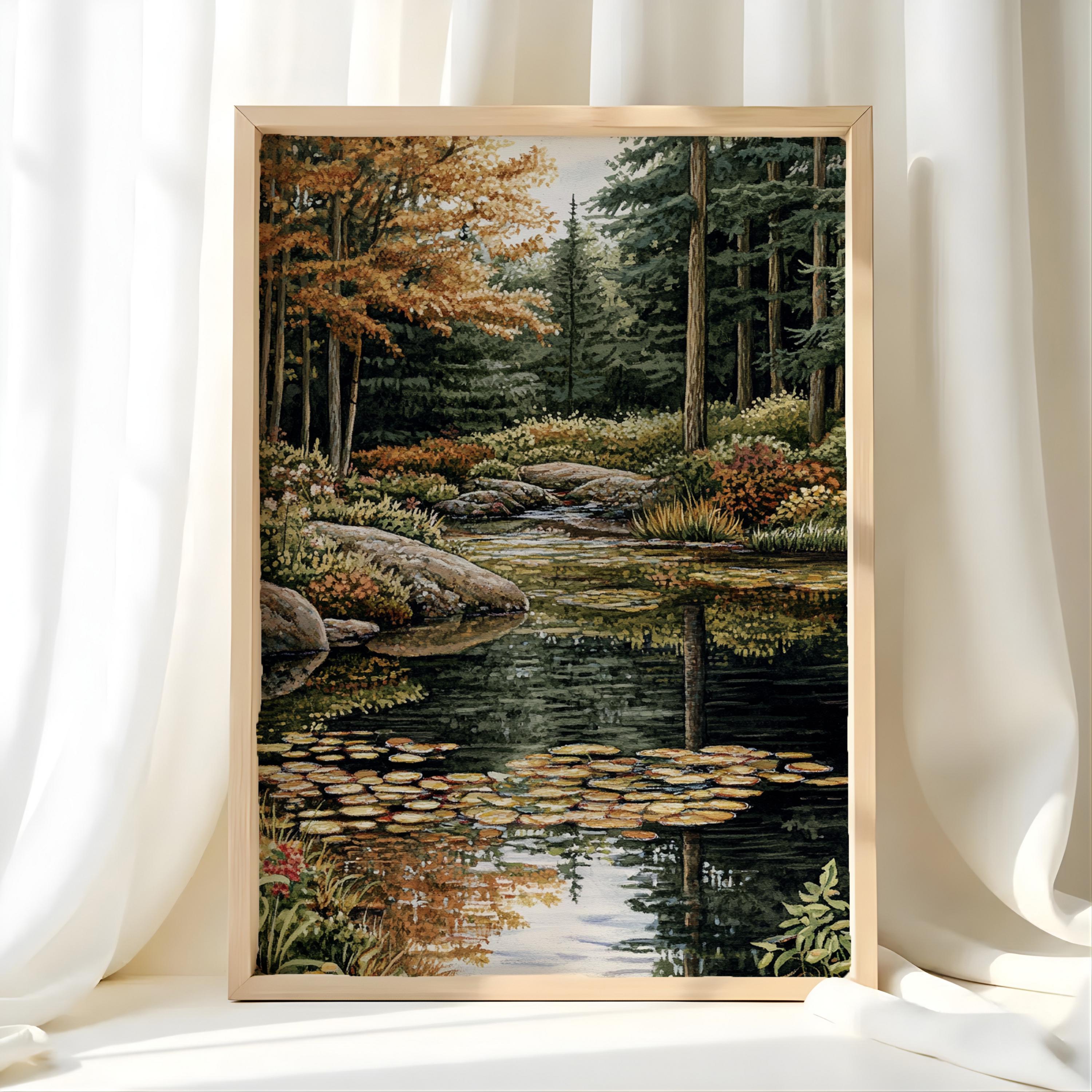 Forest Stream Wall Art, Tranquil Woodland Creek Landscape Print, Nature-Inspired River Scene Canvas, Peaceful Green Forest Decor