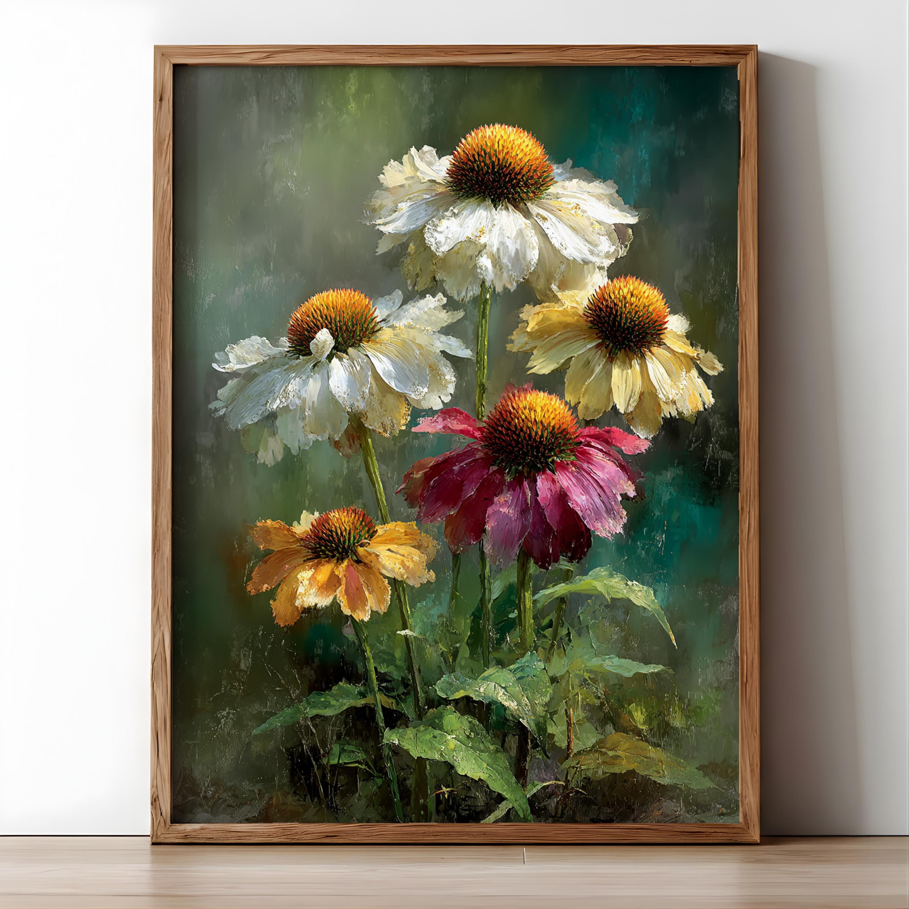 Painterly Coneflower Wall Art, Textured Wildflower Canvas, Soft Botanical Still Life Artwork, Cottage Garden Home Decor