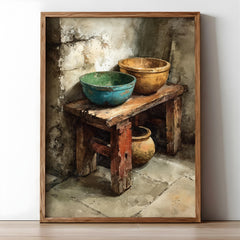 Rustic Wooden Bowl Wall Art, Earthy Farmhouse Still Life Canvas, Weathered Kitchen Corner Artwork, Neutral Country Home Decor
