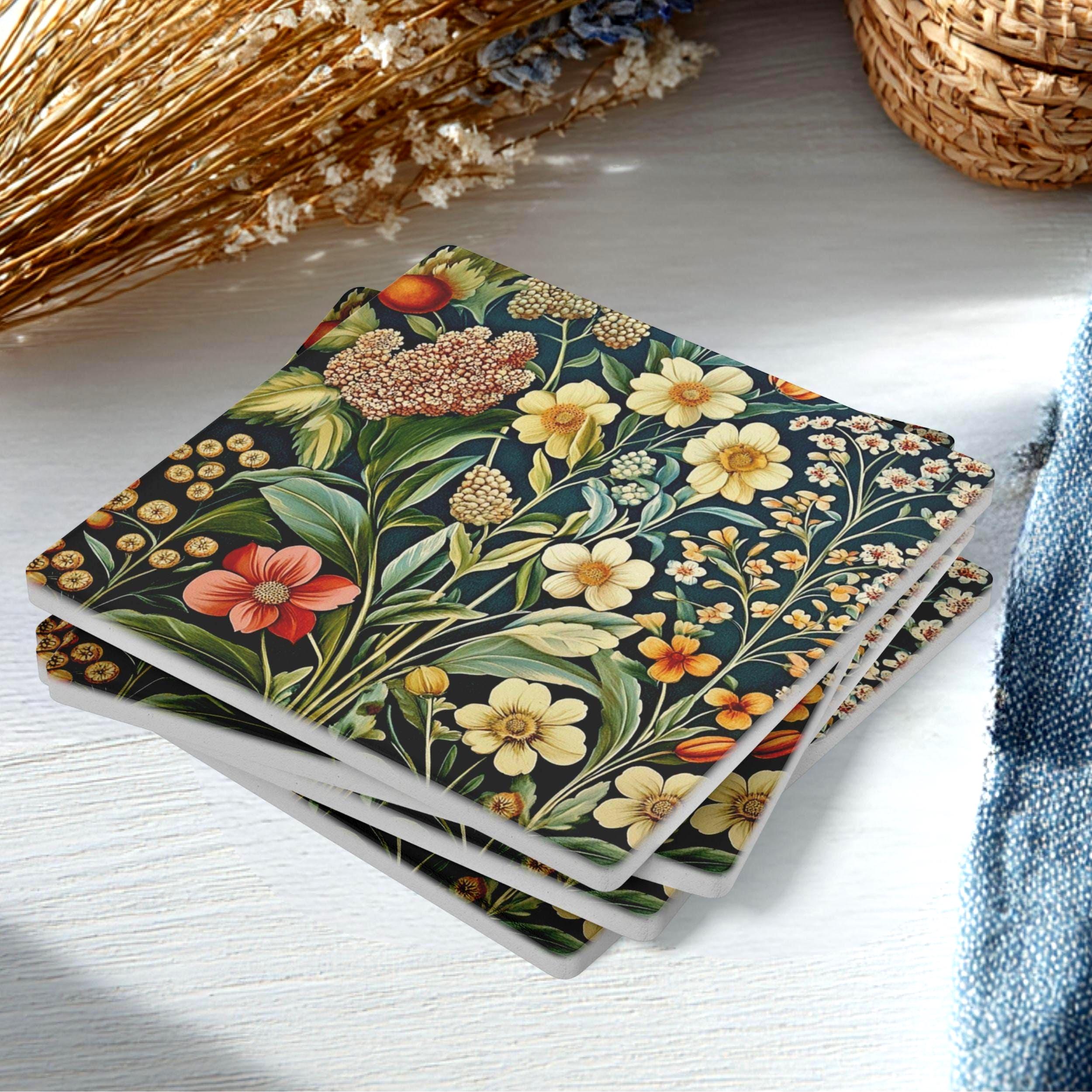 Botanical Wildflower Coaster Set of 4, Vintage Garden Floral Ceramic Coasters, Nature-Inspired Home Decor Gift