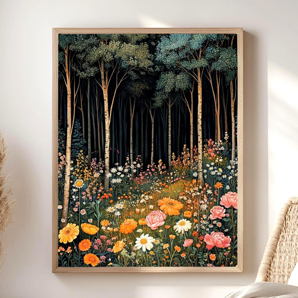 Forest Wildflower Meadow Framed Canvas, Vibrant Cottagecore Nature Wall Art, Blooming Floral Field Print, Botanical Woodland Decor