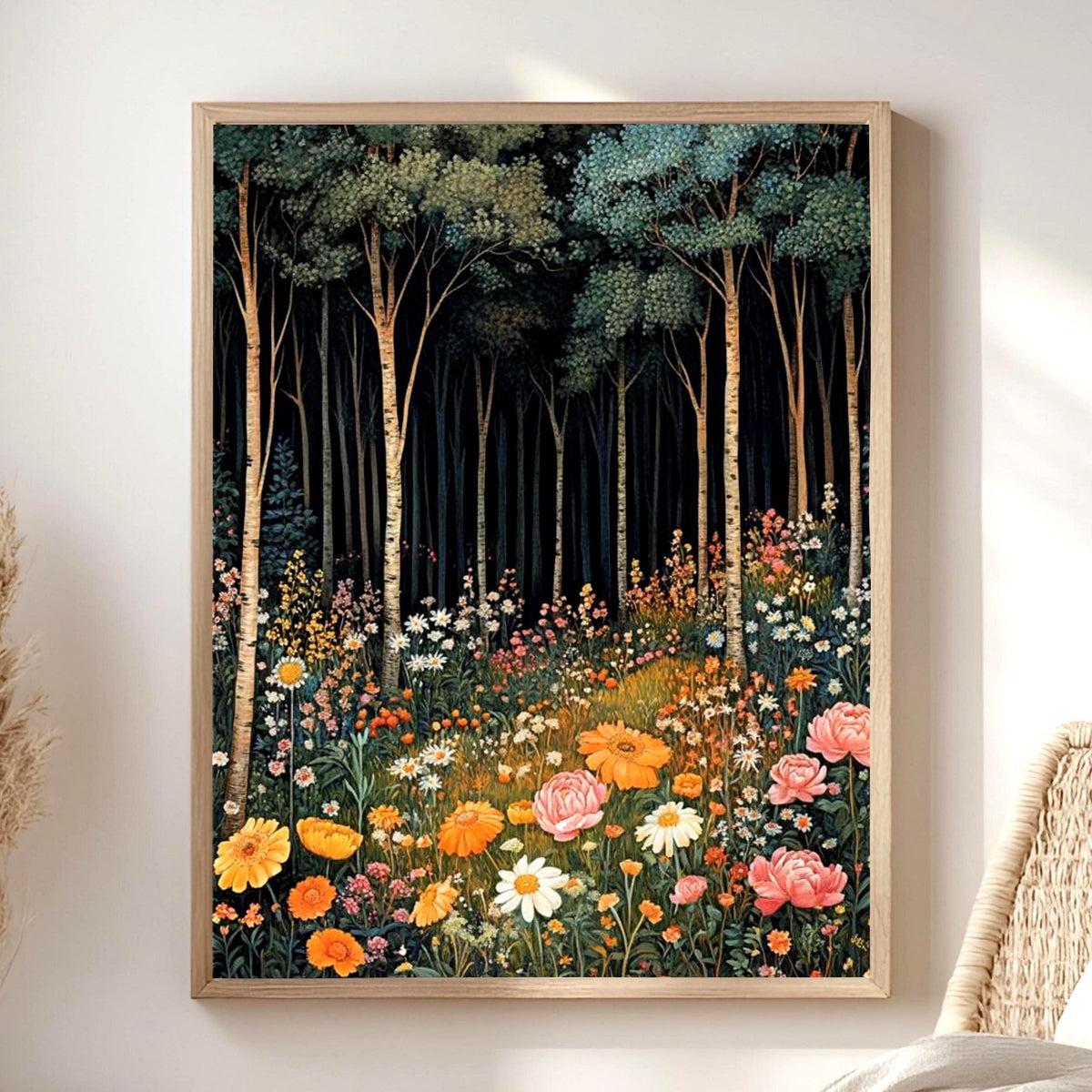 Forest Wildflower Meadow Framed Canvas, Vibrant Cottagecore Nature Wall Art, Blooming Floral Field Print, Botanical Woodland Decor