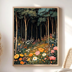 Forest Wildflower Meadow Framed Canvas, Vibrant Cottagecore Nature Wall Art, Blooming Floral Field Print, Botanical Woodland Decor