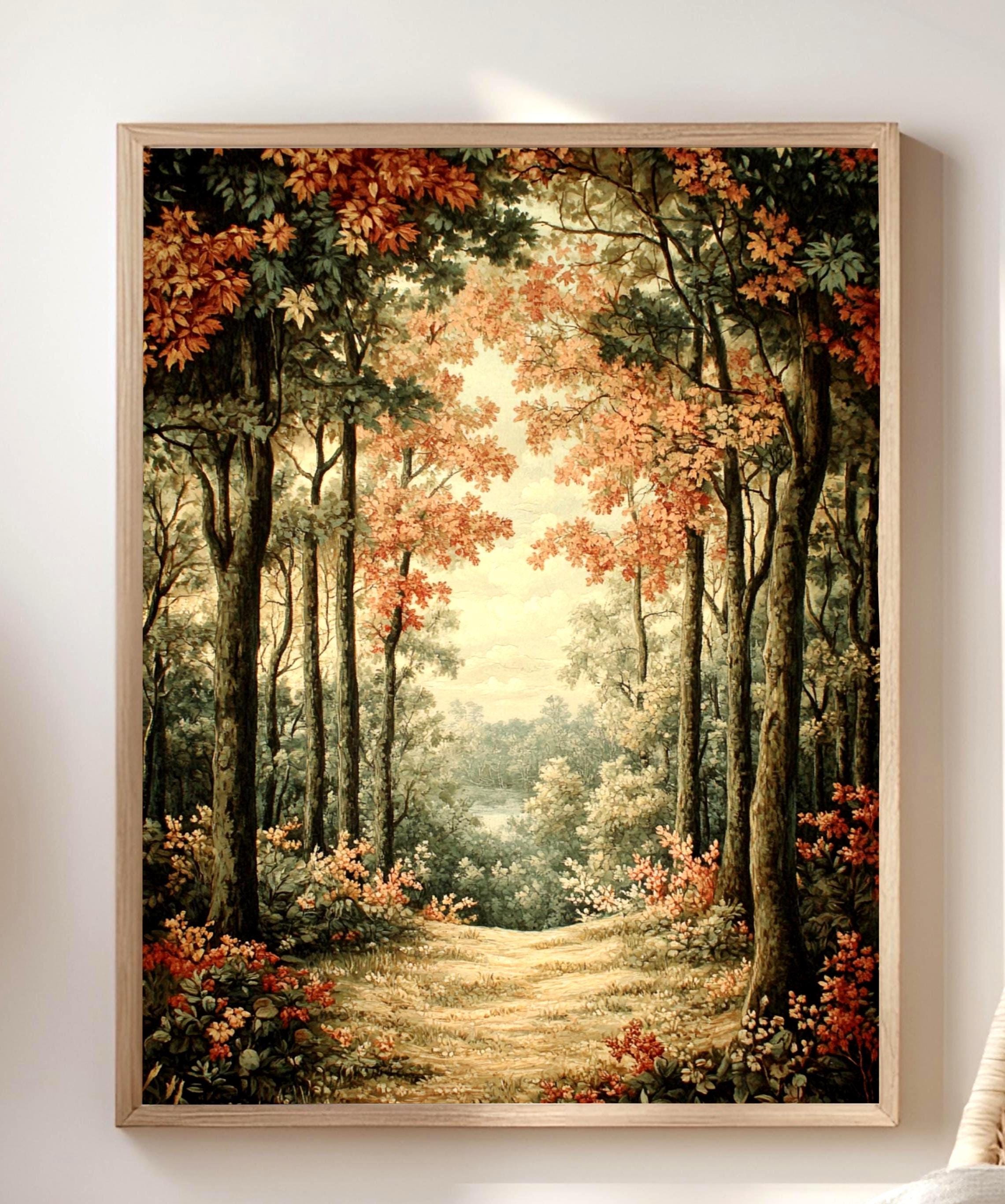 Golden Forest Path Framed Canvas, Tranquil Woodland Wall Art, Soft Autumn Landscape Print, Cozy Nature Trail Home Decor