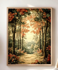 Golden Forest Path Framed Canvas, Tranquil Woodland Wall Art, Soft Autumn Landscape Print, Cozy Nature Trail Home Decor