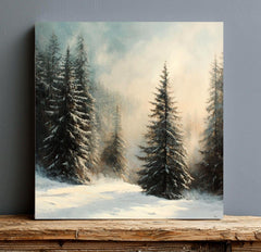 Snowy Forest Canvas Wall Art, Rustic Winter Landscape Print, Woodland Pine Tree Artwork, Cozy Cabin Christmas Decor, Seasonal Wall Hanging