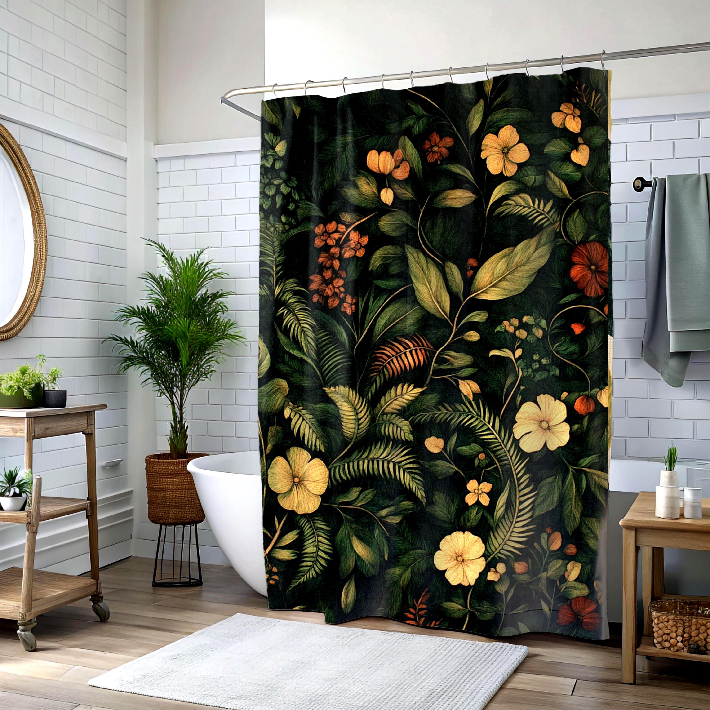 Forest Scene Shower Curtain, Vintage Floral Botanical Print Bathroom Decor, William Morris Inspired Bathroom Curtain, Woodland Rustic Decor