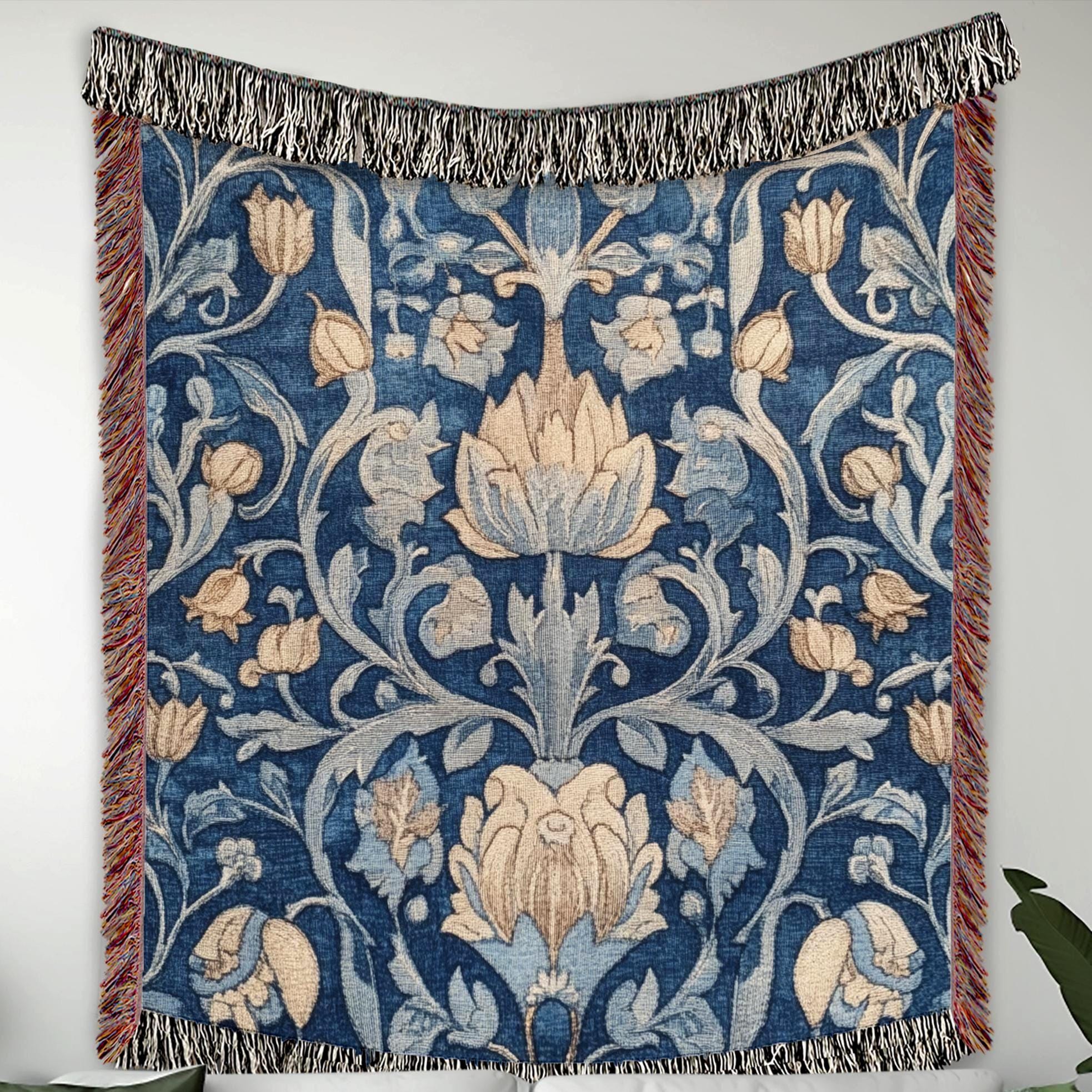 Blue Vintage Throw Blanket, Cotton Woven Blanket, Cozy Picnic Blanket, Vintage Floral Blanket, William Morris Inspired Blanket Gift for Mom