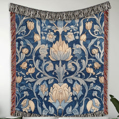 Blue Vintage Throw Blanket, Cotton Woven Blanket, Cozy Picnic Blanket, Vintage Floral Blanket, William Morris Inspired Blanket Gift for Mom