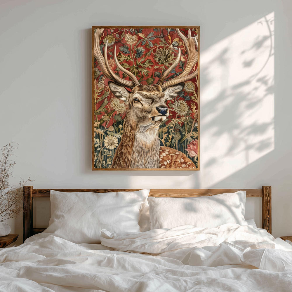 Deer Wall Art, William Morris Style Stag Poster, Botanical Floral Animal Print, Dark Academia Decor, Forest Nature, Deer Framed Canvas