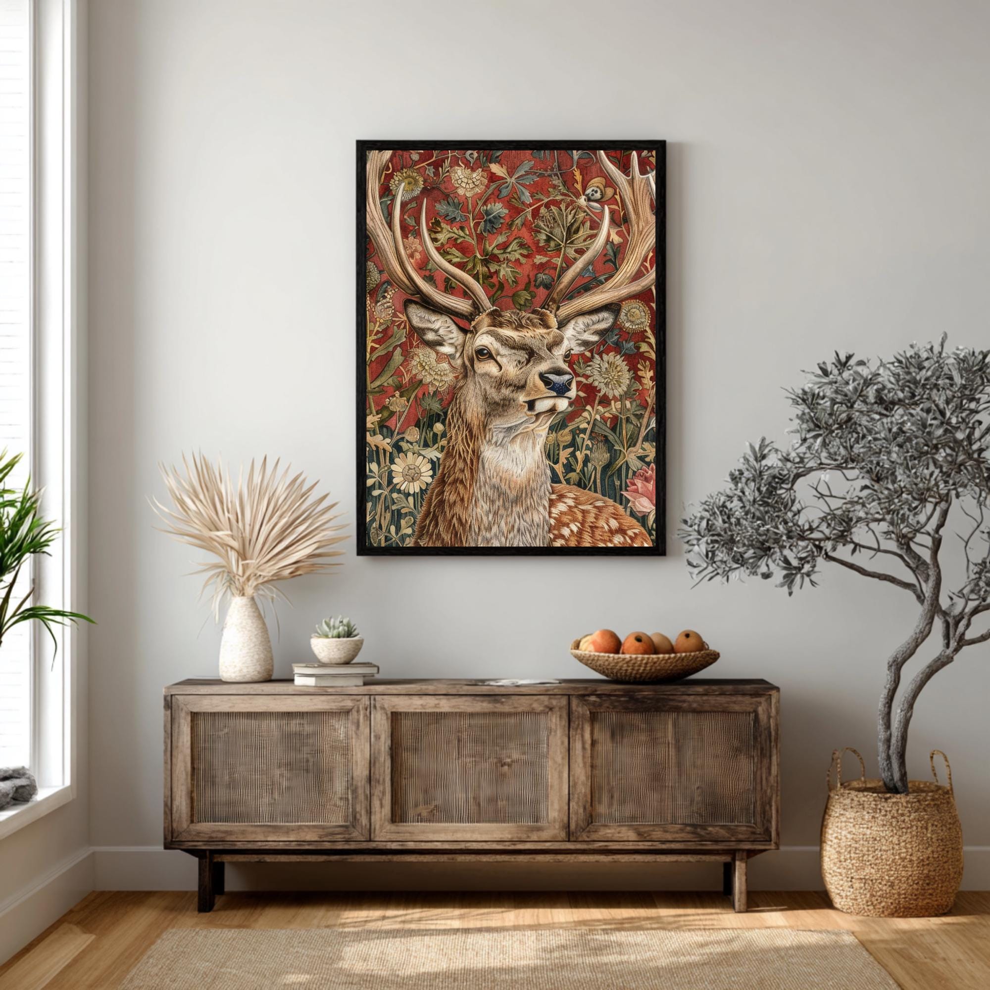 Deer Wall Art, William Morris Style Stag Poster, Botanical Floral Animal Print, Dark Academia Decor, Forest Nature, Deer Framed Canvas