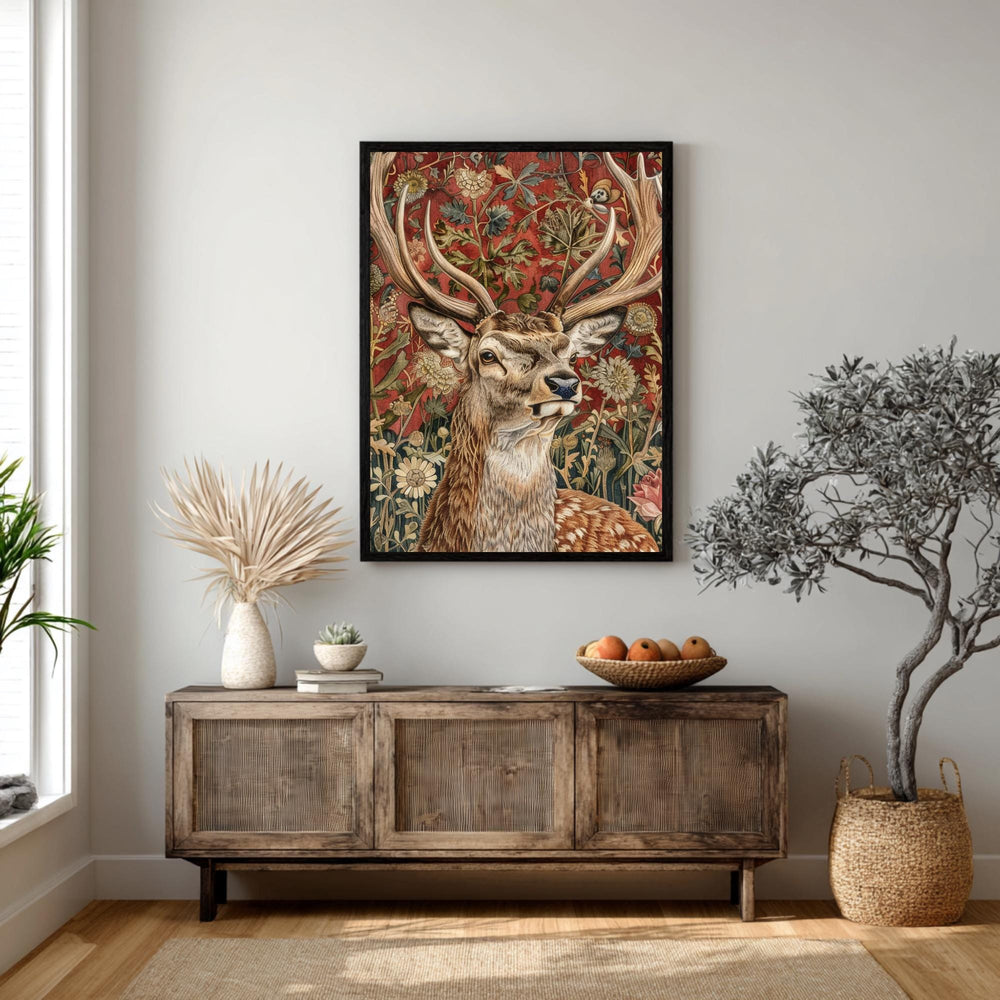 Deer Wall Art, William Morris Style Stag Poster, Botanical Floral Animal Print, Dark Academia Decor, Forest Nature, Deer Framed Canvas
