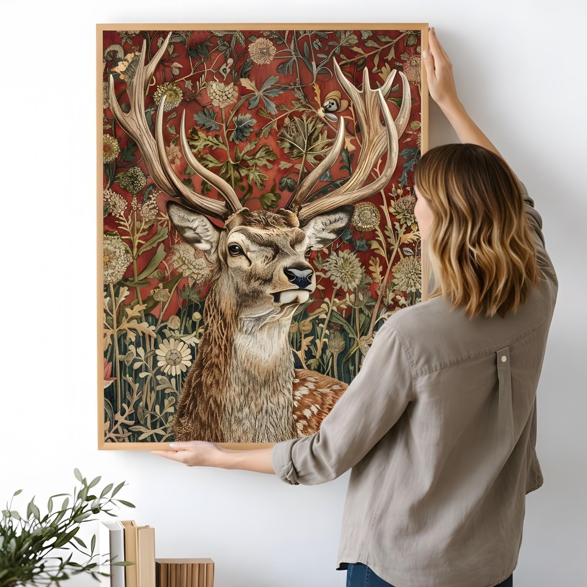 Deer Wall Art, William Morris Style Stag Poster, Botanical Floral Animal Print, Dark Academia Decor, Forest Nature, Deer Framed Canvas