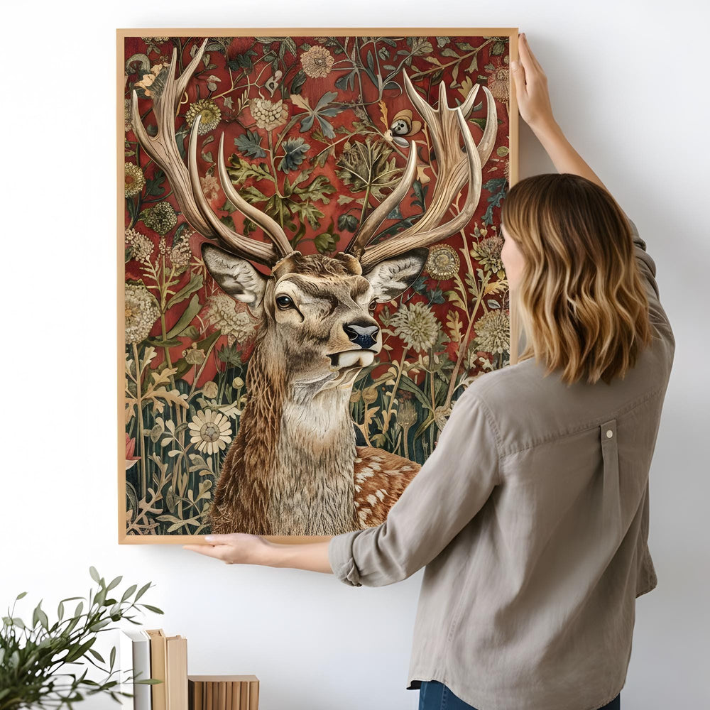 Deer Wall Art, William Morris Style Stag Poster, Botanical Floral Animal Print, Dark Academia Decor, Forest Nature, Deer Framed Canvas