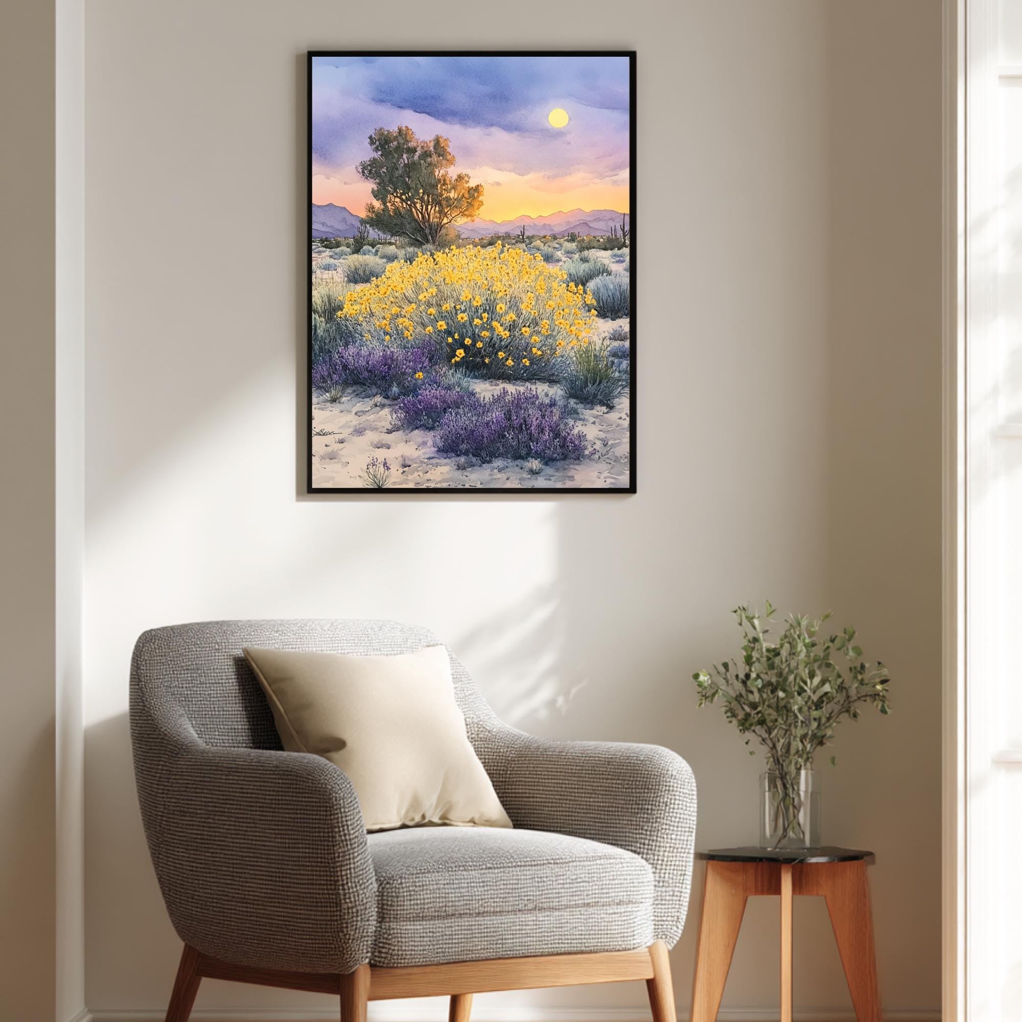 Desert Wildflower Wall Art, Saguaro Sunset Canvas Print, Southwest Landscape Poster, Framed Floral Nature Painting, Serene Nature Home Decor