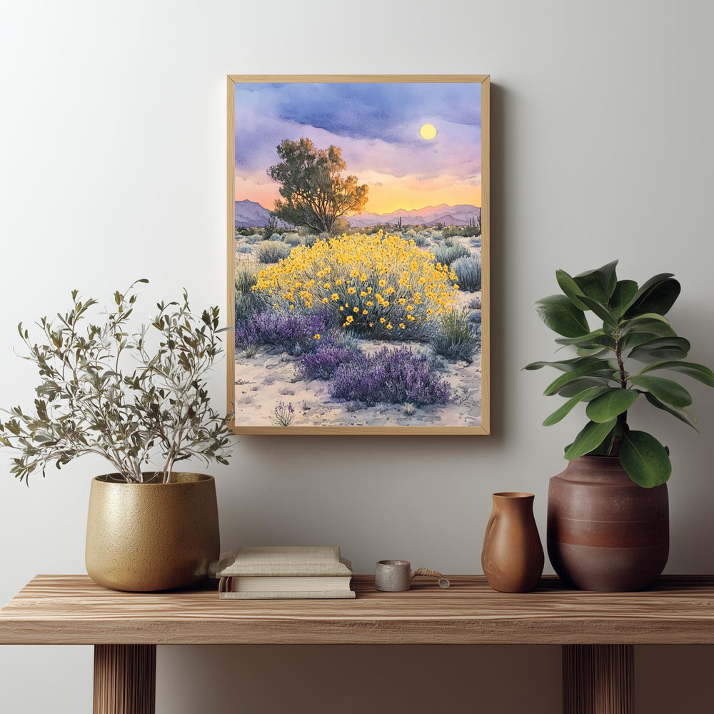Desert Wildflower Wall Art, Saguaro Sunset Canvas Print, Southwest Landscape Poster, Framed Floral Nature Painting, Serene Nature Home Decor