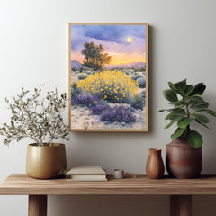 Desert Wildflower Wall Art, Saguaro Sunset Canvas Print, Southwest Landscape Poster, Framed Floral Nature Painting, Serene Nature Home Decor