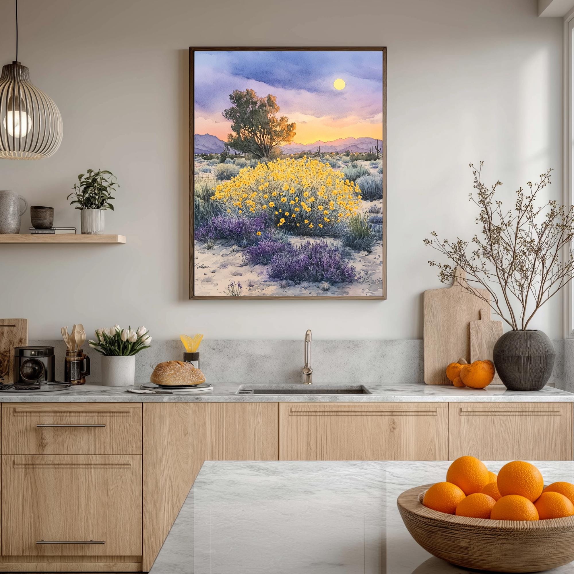 Desert Wildflower Wall Art, Saguaro Sunset Canvas Print, Southwest Landscape Poster, Framed Floral Nature Painting, Serene Nature Home Decor