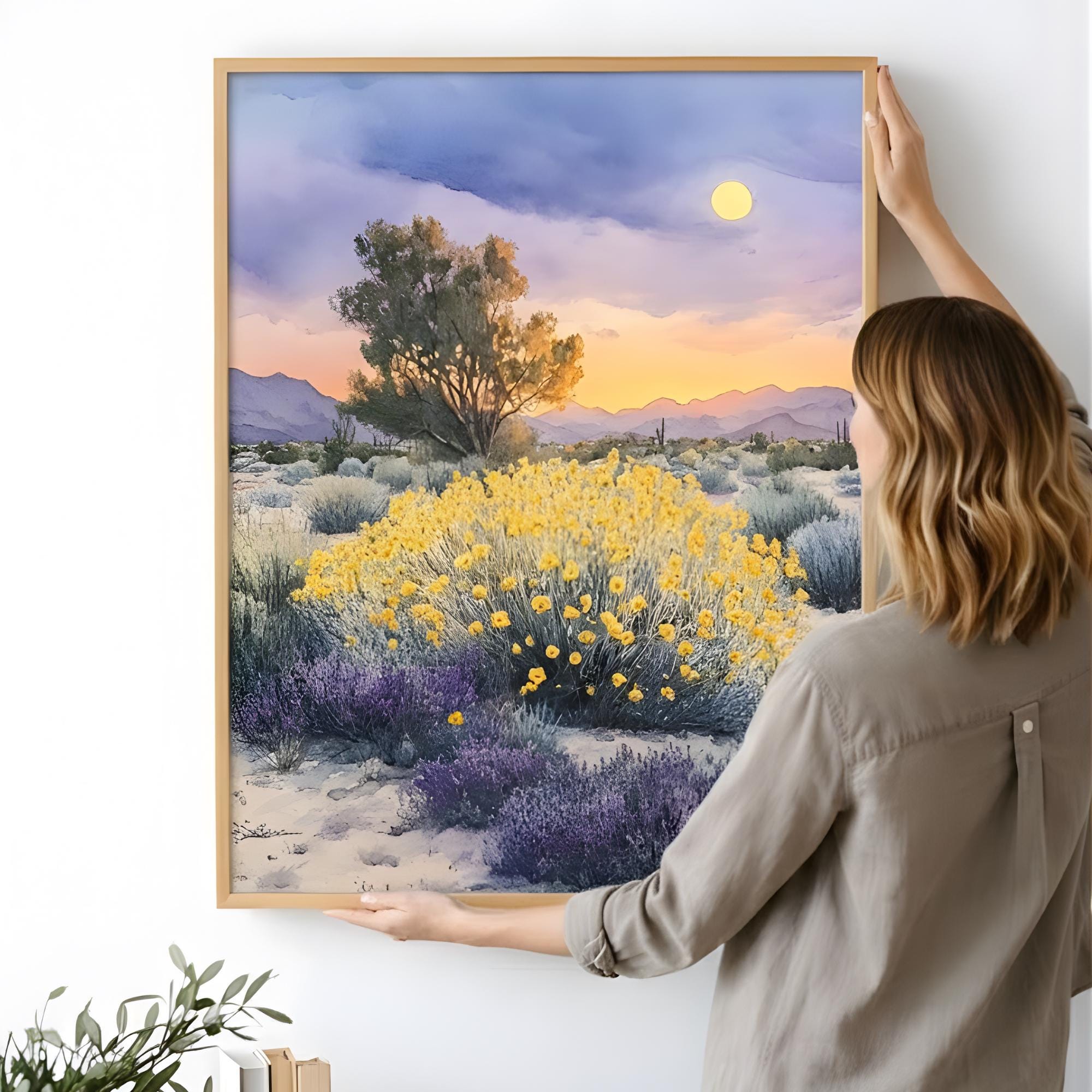 Desert Wildflower Wall Art, Saguaro Sunset Canvas Print, Southwest Landscape Poster, Framed Floral Nature Painting, Serene Nature Home Decor