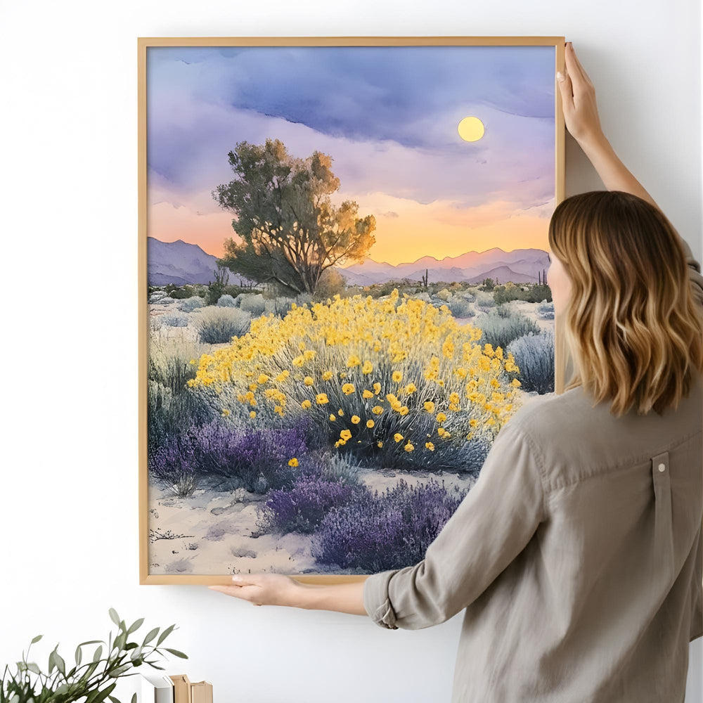 Desert Wildflower Wall Art, Saguaro Sunset Canvas Print, Southwest Landscape Poster, Framed Floral Nature Painting, Serene Nature Home Decor