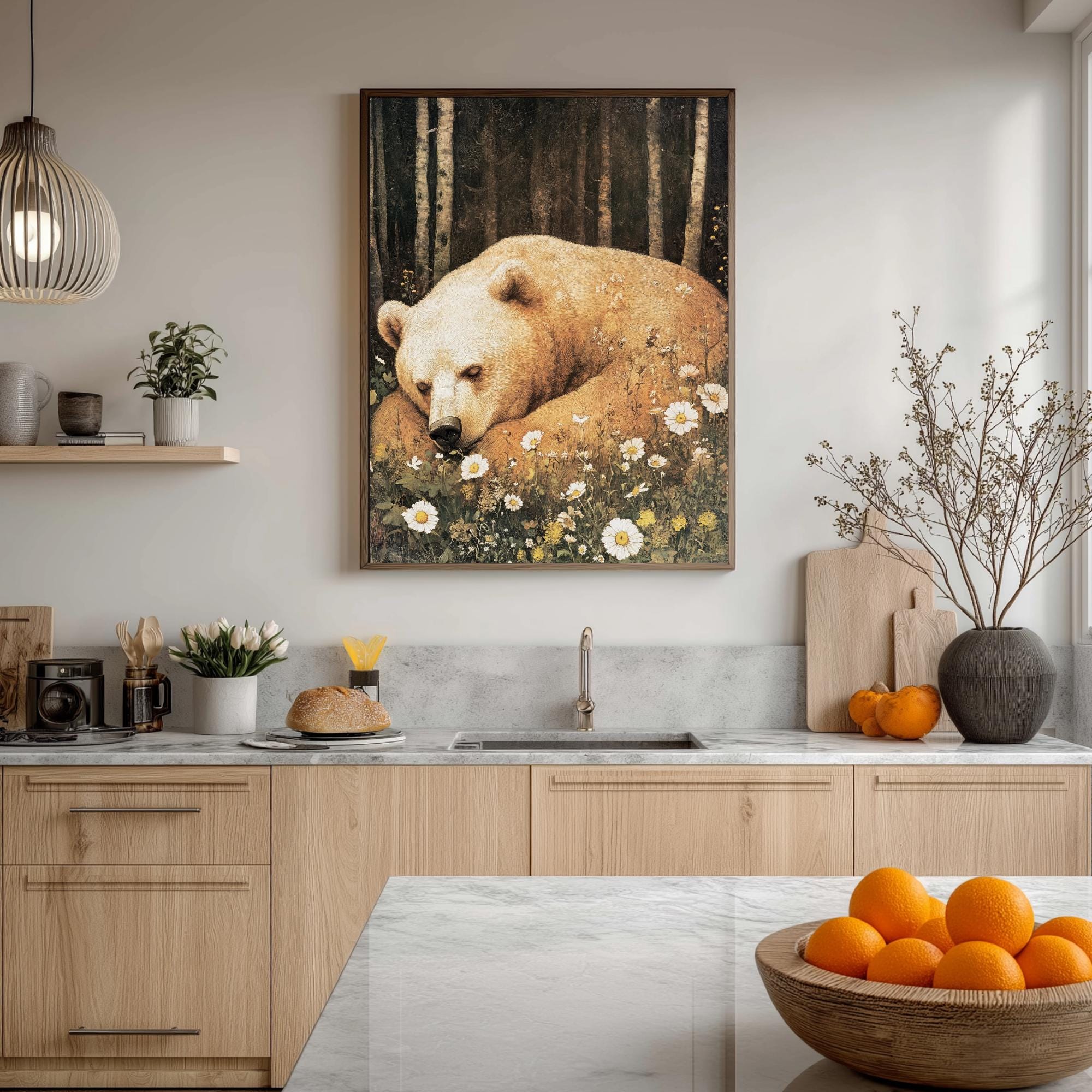 Sleeping Bear Wall Art, Vintage Forest Animal Poster, Wildflower Meadow Nursery Decor, Rustic Woodland Nature Painting, Large Canvas Print
