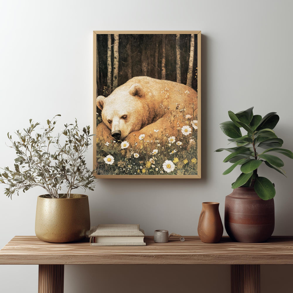 Sleeping Bear Wall Art, Vintage Forest Animal Poster, Wildflower Meadow Nursery Decor, Rustic Woodland Nature Painting, Large Canvas Print