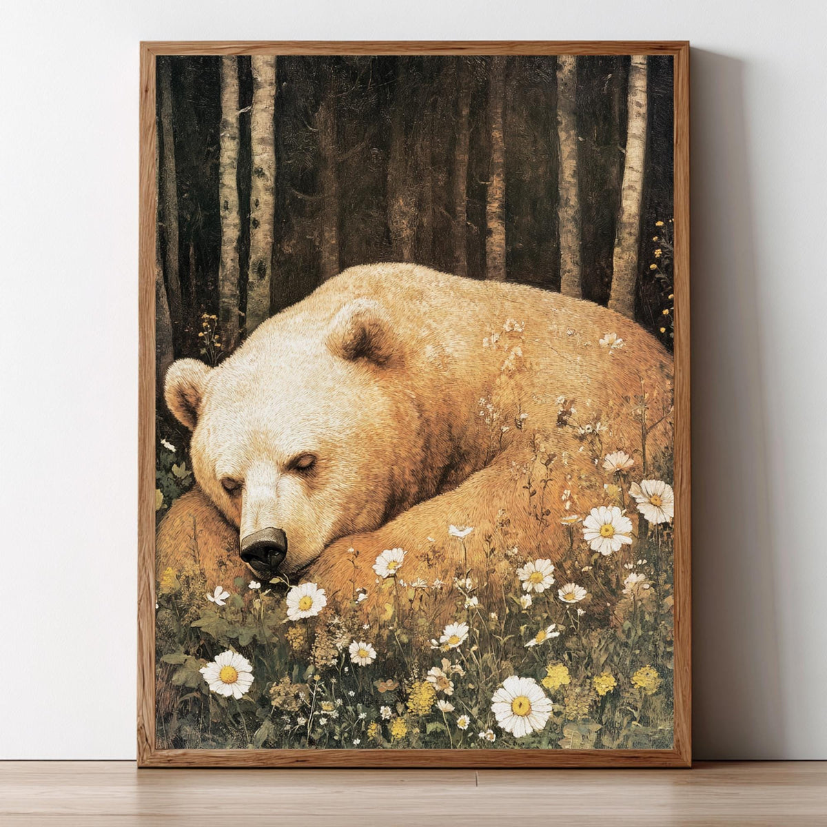 Sleeping Bear Wall Art, Vintage Forest Animal Poster, Wildflower Meadow Nursery Decor, Rustic Woodland Nature Painting, Large Canvas Print