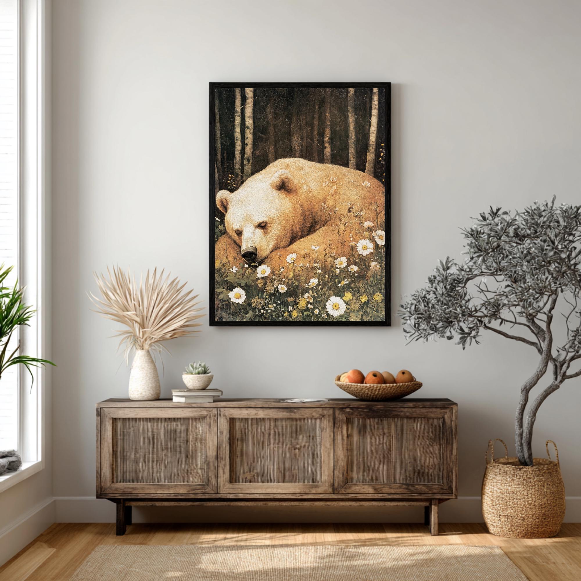 Sleeping Bear Wall Art, Vintage Forest Animal Poster, Wildflower Meadow Nursery Decor, Rustic Woodland Nature Painting, Large Canvas Print