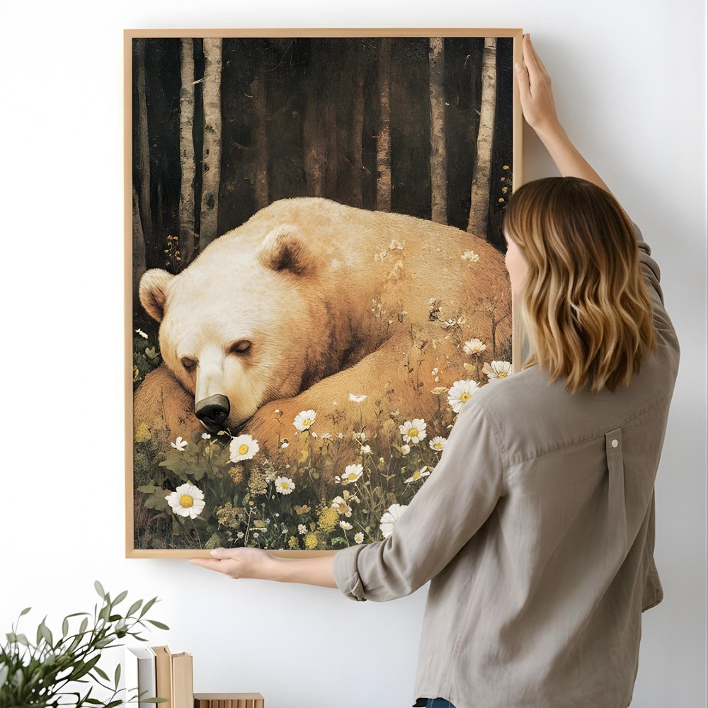Sleeping Bear Wall Art, Vintage Forest Animal Poster, Wildflower Meadow Nursery Decor, Rustic Woodland Nature Painting, Large Canvas Print