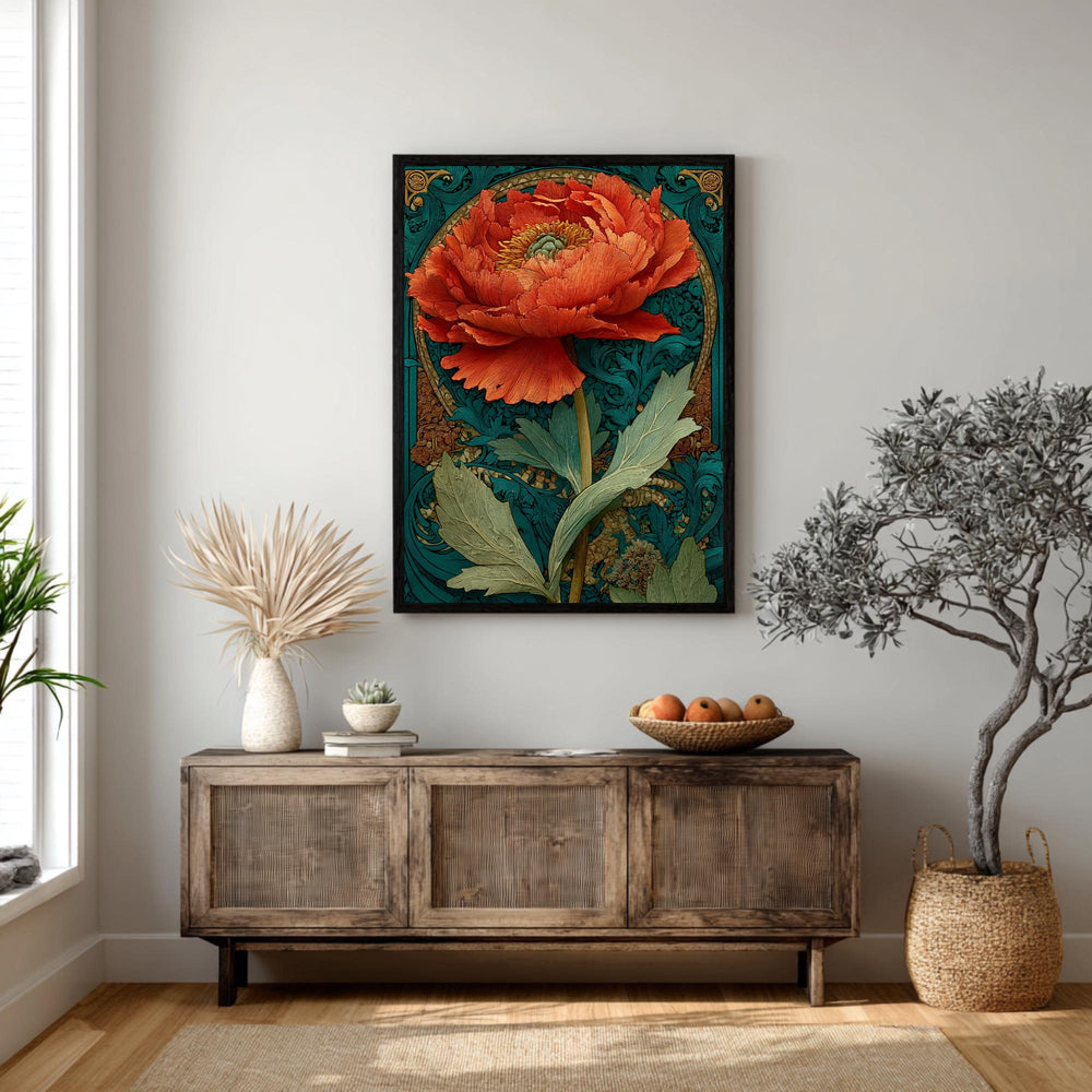 Large Floral Wall Art, Art Nouveau Poppy Print, Teal And Orange Botanical Canvas, Framed Vintage Poster, Elegant Nature Inspired Room Decor