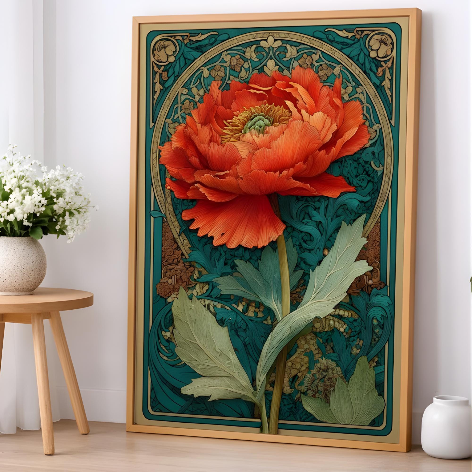 Large Floral Wall Art, Art Nouveau Poppy Print, Teal And Orange Botanical Canvas, Framed Vintage Poster, Elegant Nature Inspired Room Decor