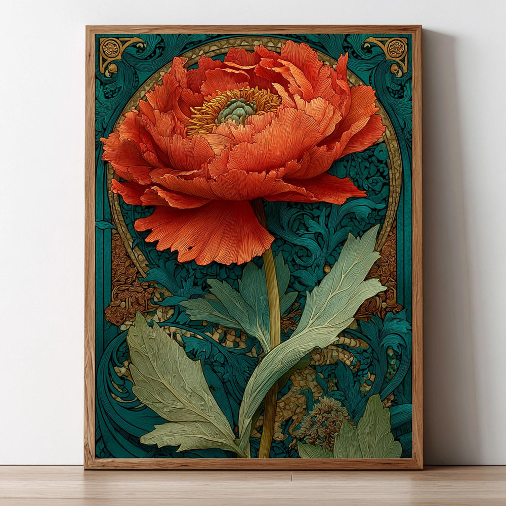 Large Floral Wall Art, Art Nouveau Poppy Print, Teal And Orange Botanical Canvas, Framed Vintage Poster, Elegant Nature Inspired Room Decor