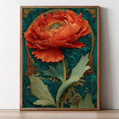 Large Floral Wall Art, Art Nouveau Poppy Print, Teal And Orange Botanical Canvas, Framed Vintage Poster, Elegant Nature Inspired Room Decor