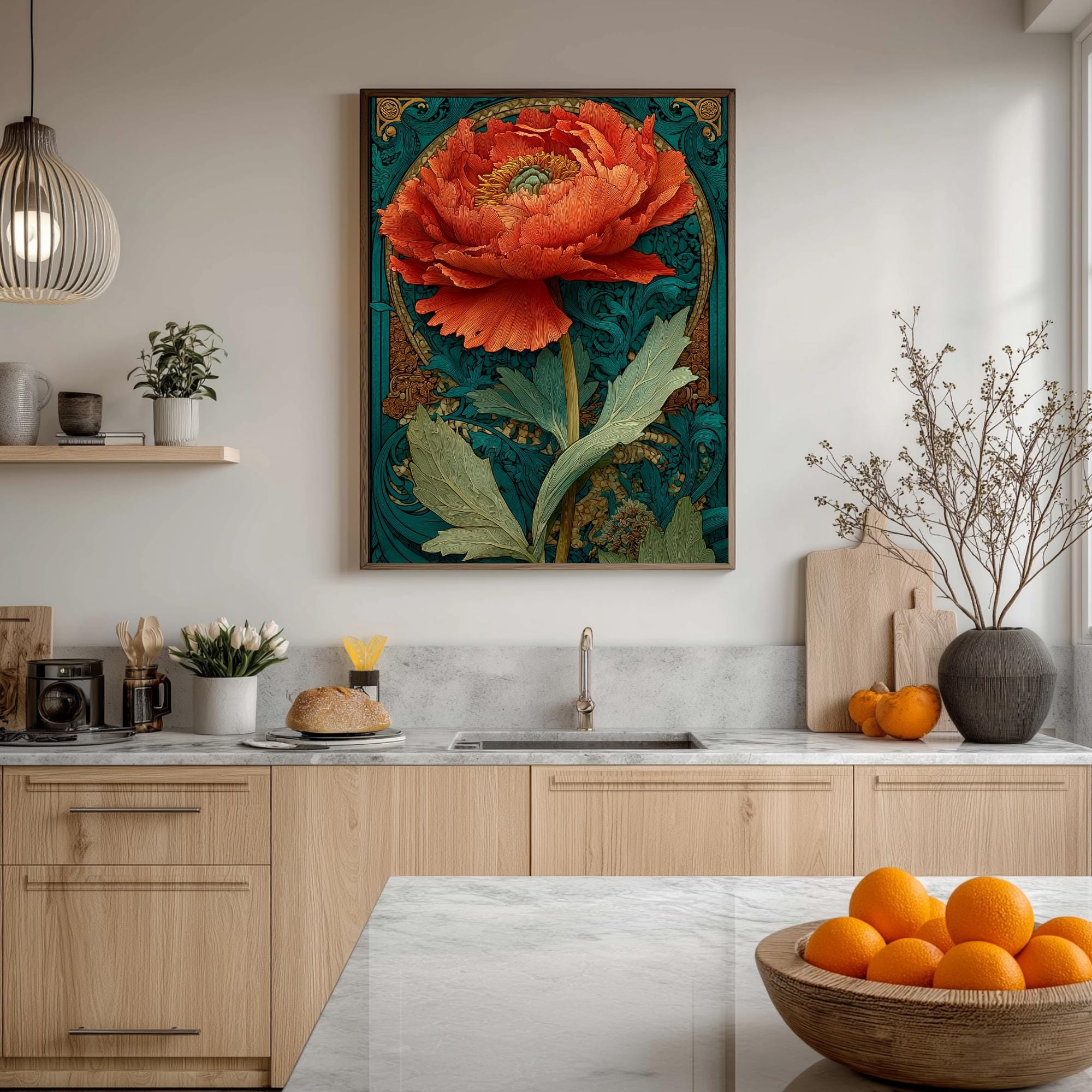 Large Floral Wall Art, Art Nouveau Poppy Print, Teal And Orange Botanical Canvas, Framed Vintage Poster, Elegant Nature Inspired Room Decor