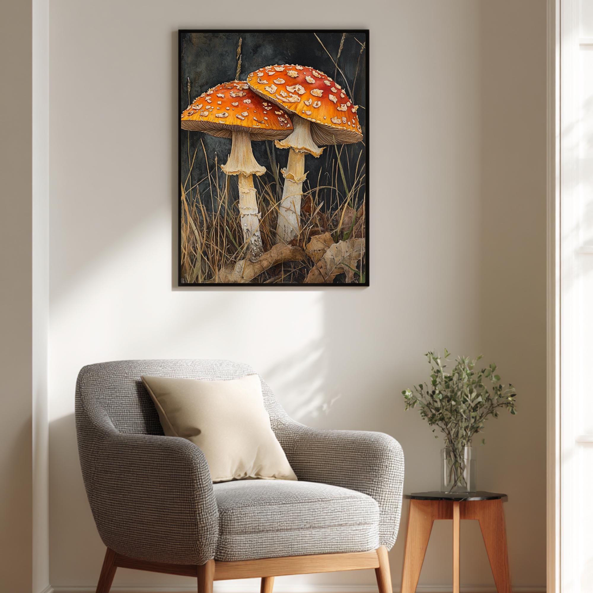 Wild Mushroom Botanical Canvas, Autumn Forest Floor Art, Goblincore Room Classic, Framed Fungi Illustration, Earthy Tones Print Design