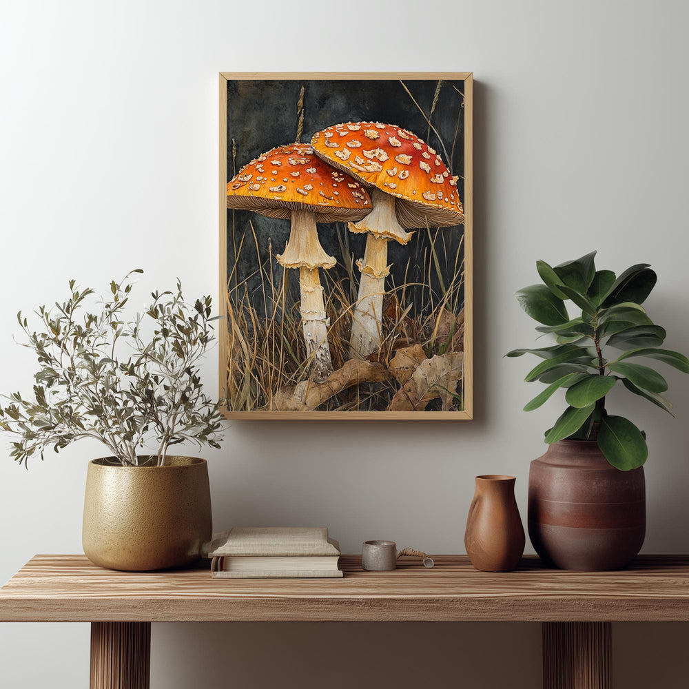Wild Mushroom Botanical Canvas, Autumn Forest Floor Art, Goblincore Room Classic, Framed Fungi Illustration, Earthy Tones Print Design