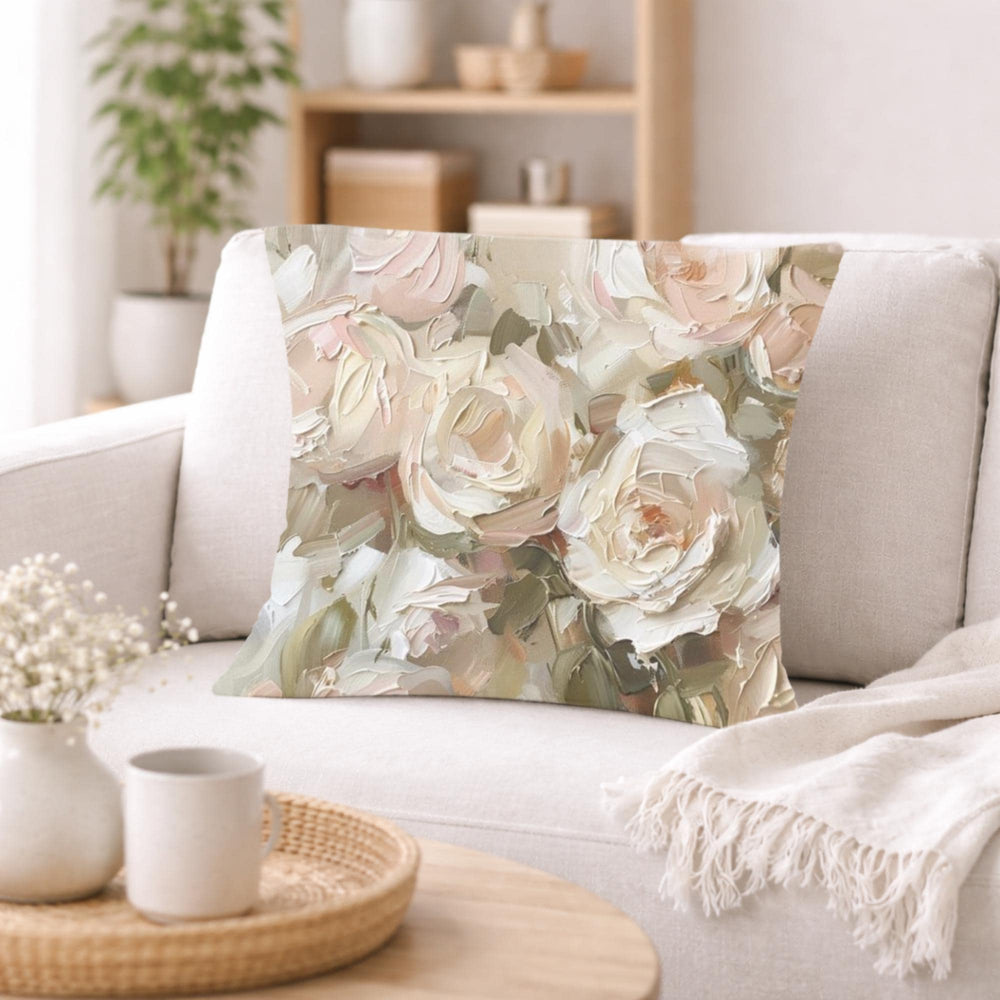 Blush Roses Accent Pillow, Romantic Neutral Floral Throw Pillow, Vintage Rose Art Pillowcase, Soft Cottagecore Cushion, Elegant Home Decor