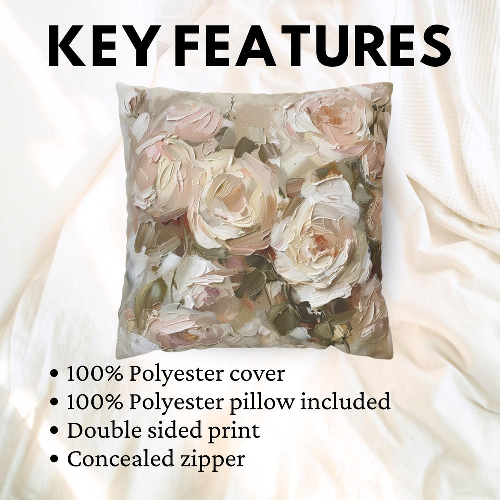 Blush Roses Accent Pillow, Romantic Neutral Floral Throw Pillow, Vintage Rose Art Pillowcase, Soft Cottagecore Cushion, Elegant Home Decor