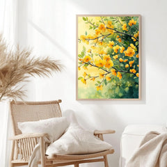 Yellow Floral Framed Canvas Art, Botanical Watercolor Wall Art, Nature Inspired Flower Canvas, Bright Cottage Decor