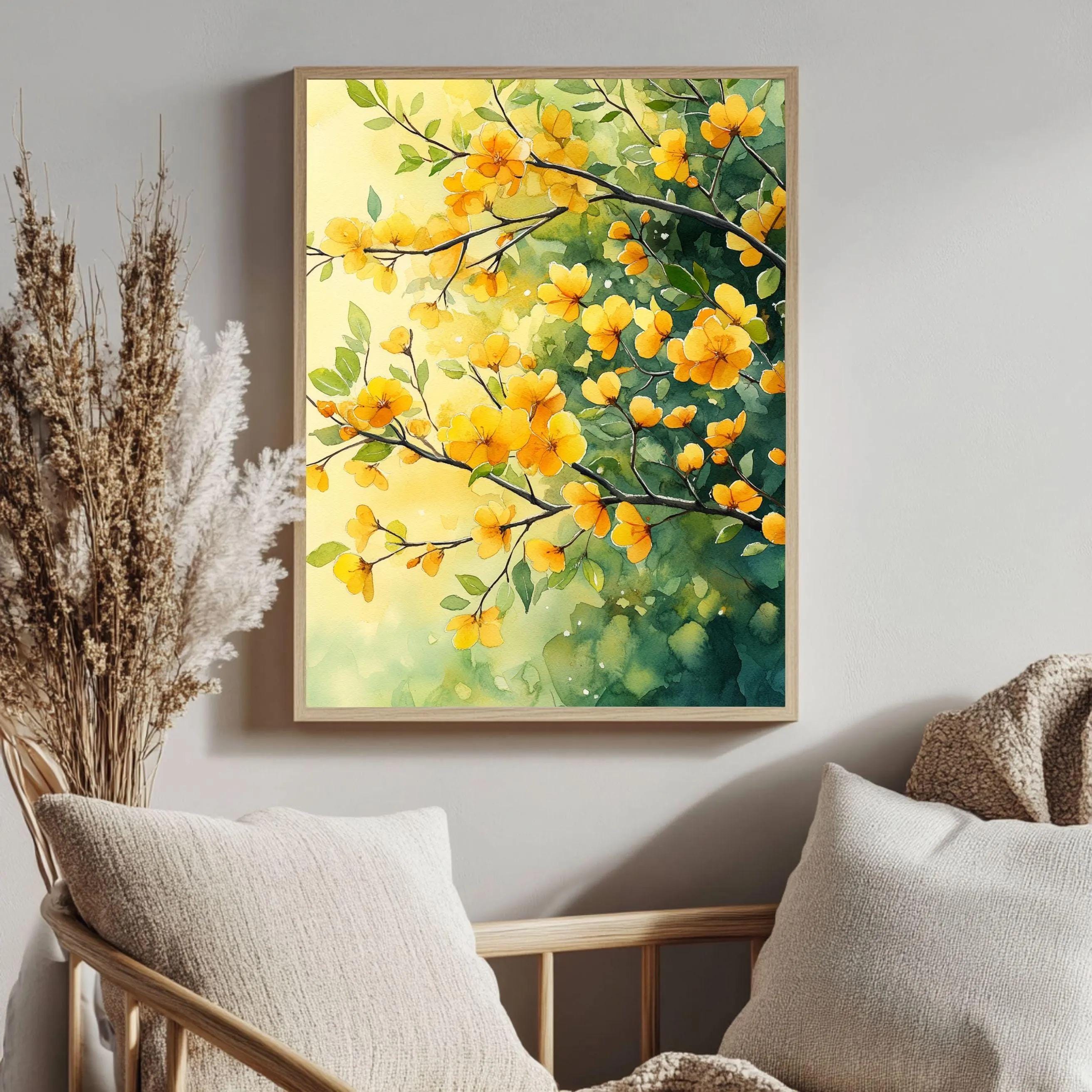 Yellow Floral Framed Canvas Art, Botanical Watercolor Wall Art, Nature Inspired Flower Canvas, Bright Cottage Decor