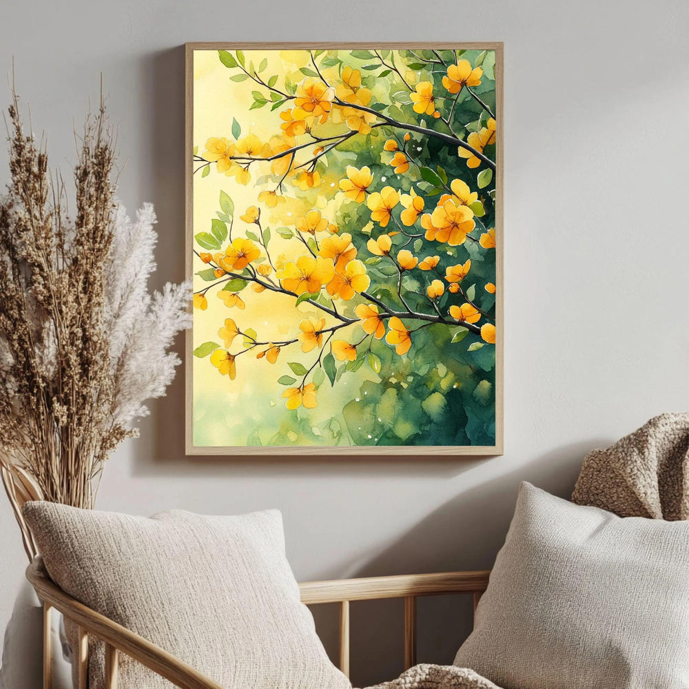 Yellow Floral Framed Canvas Art, Botanical Watercolor Wall Art, Nature Inspired Flower Canvas, Bright Cottage Decor