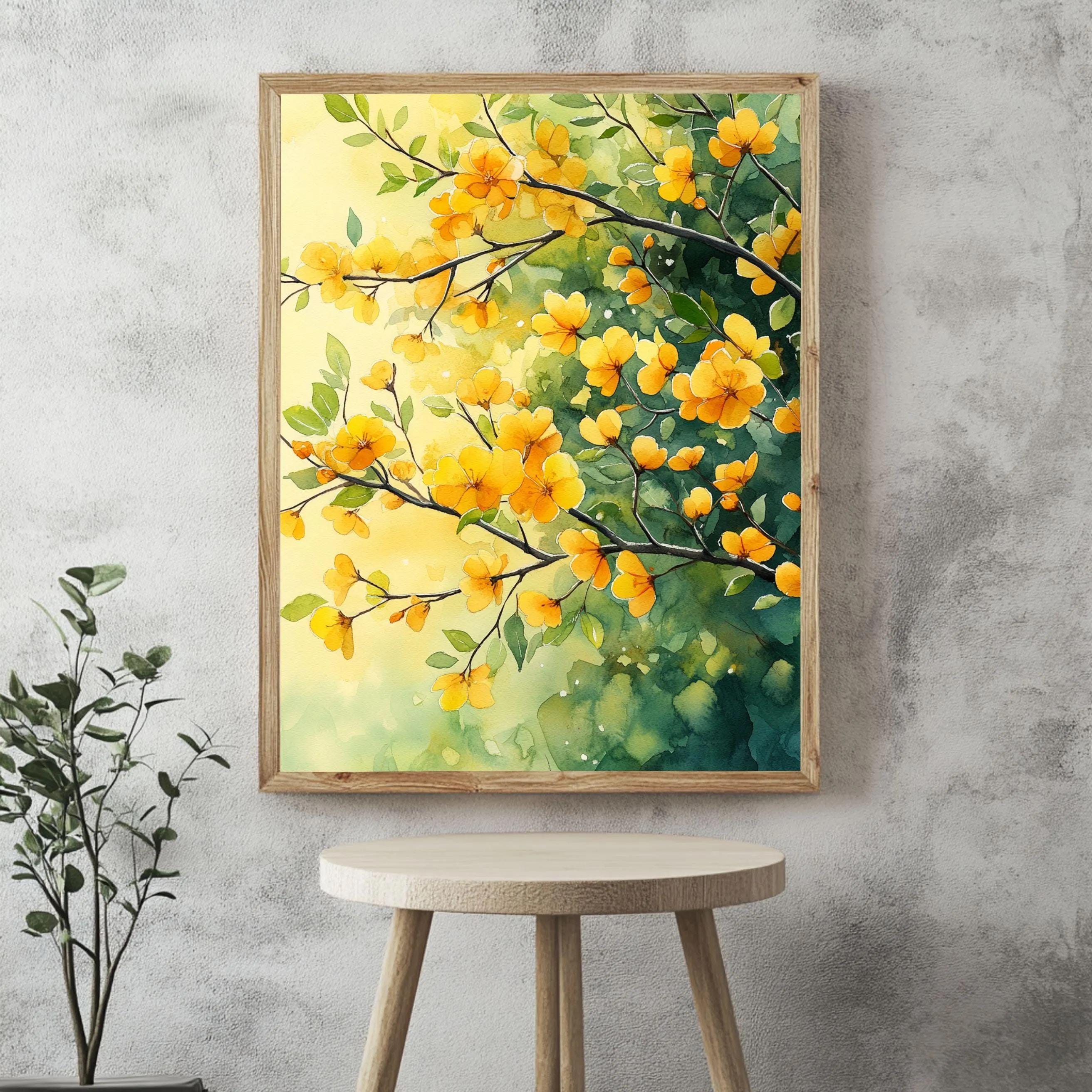 Yellow Floral Framed Canvas Art, Botanical Watercolor Wall Art, Nature Inspired Flower Canvas, Bright Cottage Decor